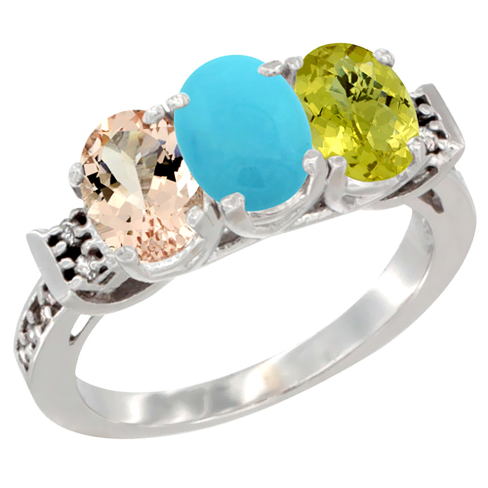 14K White Gold Natural Morganite, Turquoise & Lemon Quartz Ring 3-Stone Oval 7x5 mm Diamond Accent, sizes 5 - 10