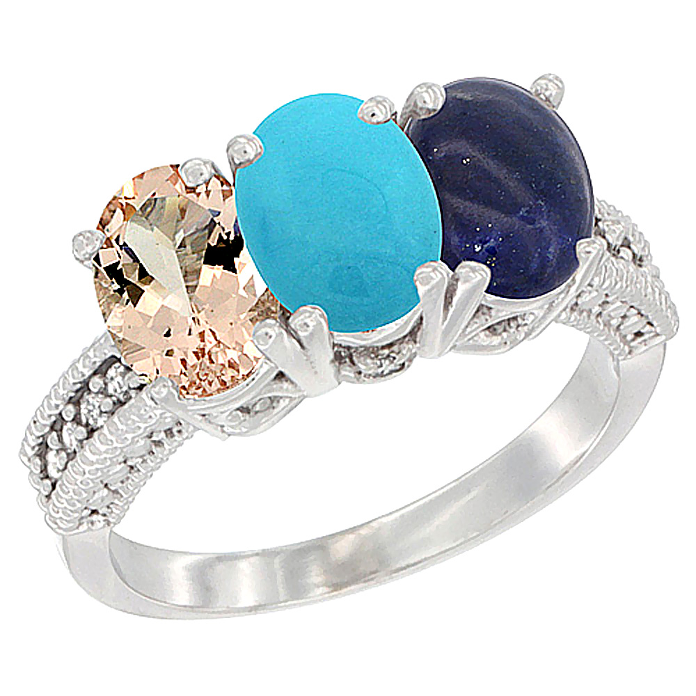 10K White Gold Natural Morganite, Turquoise &amp; Lapis Ring 3-Stone Oval 7x5 mm Diamond Accent, sizes 5 - 10