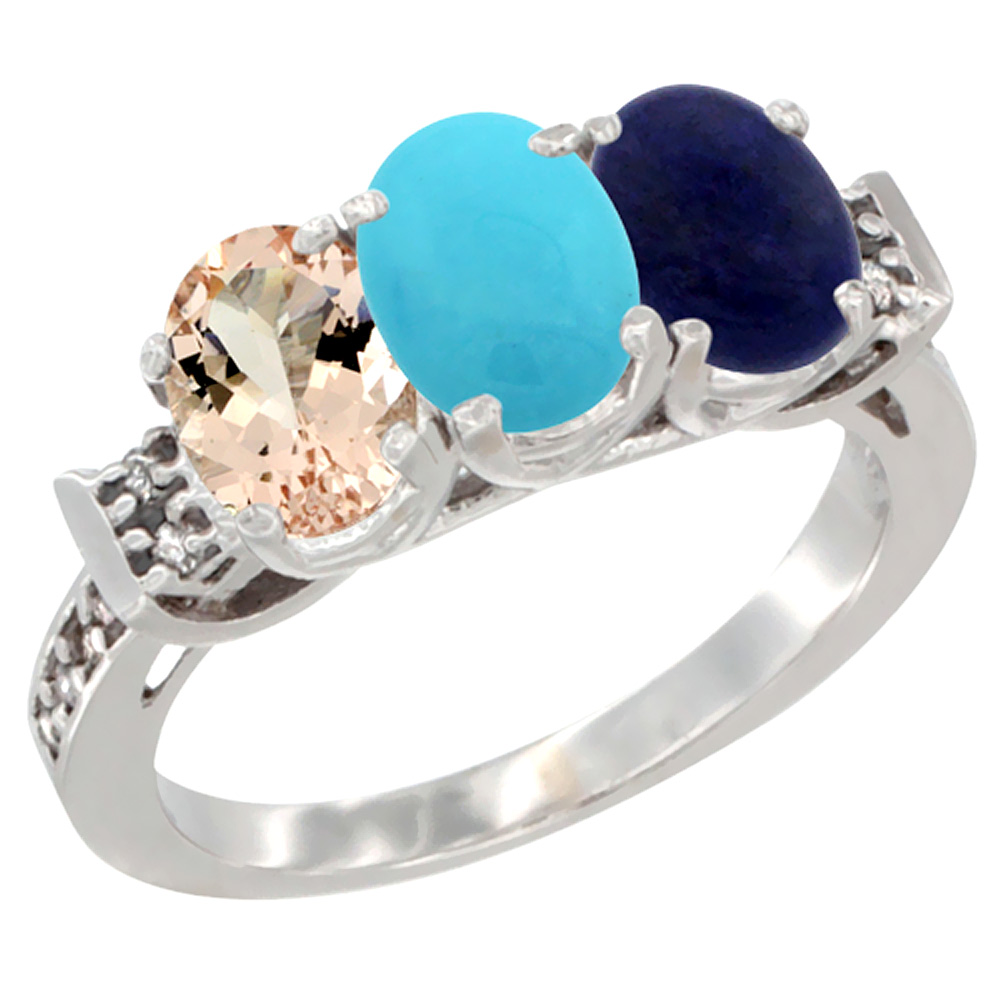 10K White Gold Natural Morganite, Turquoise & Lapis Ring 3-Stone Oval 7x5 mm Diamond Accent, sizes 5 - 10