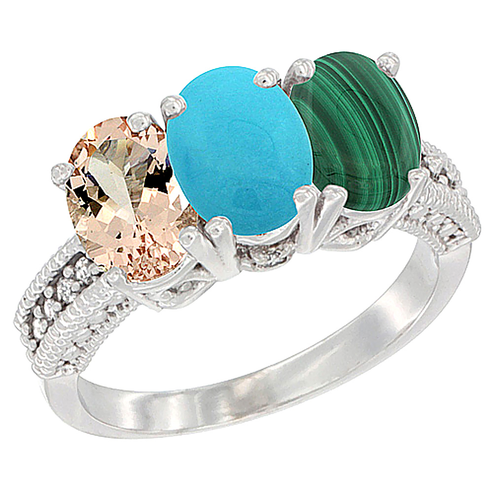 10K White Gold Natural Morganite, Turquoise &amp; Malachite Ring 3-Stone Oval 7x5 mm Diamond Accent, sizes 5 - 10