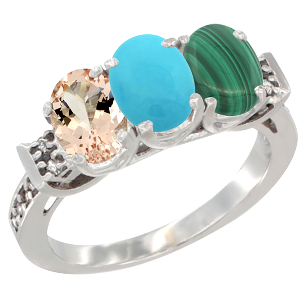 10K White Gold Natural Morganite, Turquoise &amp; Malachite Ring 3-Stone Oval 7x5 mm Diamond Accent, sizes 5 - 10