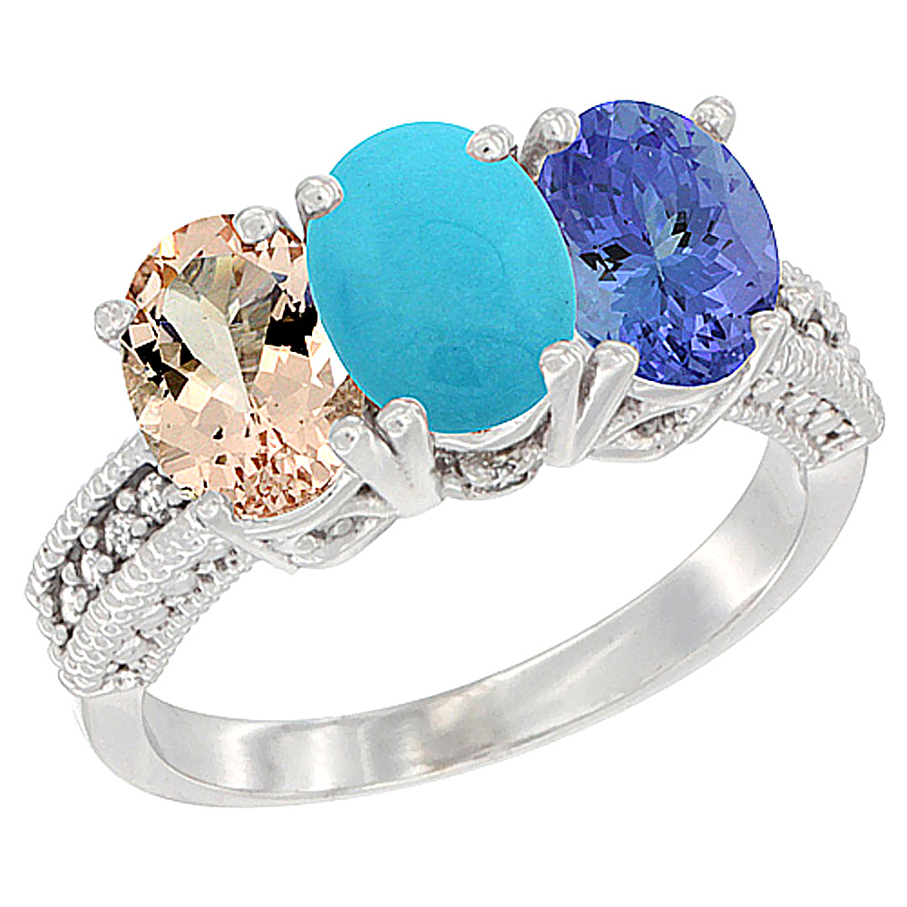 10K White Gold Natural Morganite, Turquoise & Tanzanite Ring 3-Stone Oval 7x5 mm Diamond Accent, sizes 5 - 10