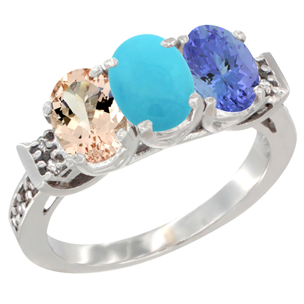 10K White Gold Natural Morganite, Turquoise & Tanzanite Ring 3-Stone Oval 7x5 mm Diamond Accent, sizes 5 - 10