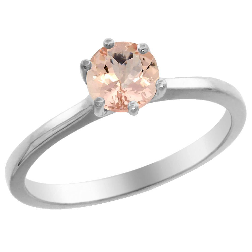 14K White Gold Natural Morganite Solitaire Ring Round 6mm, sizes 5 - 10