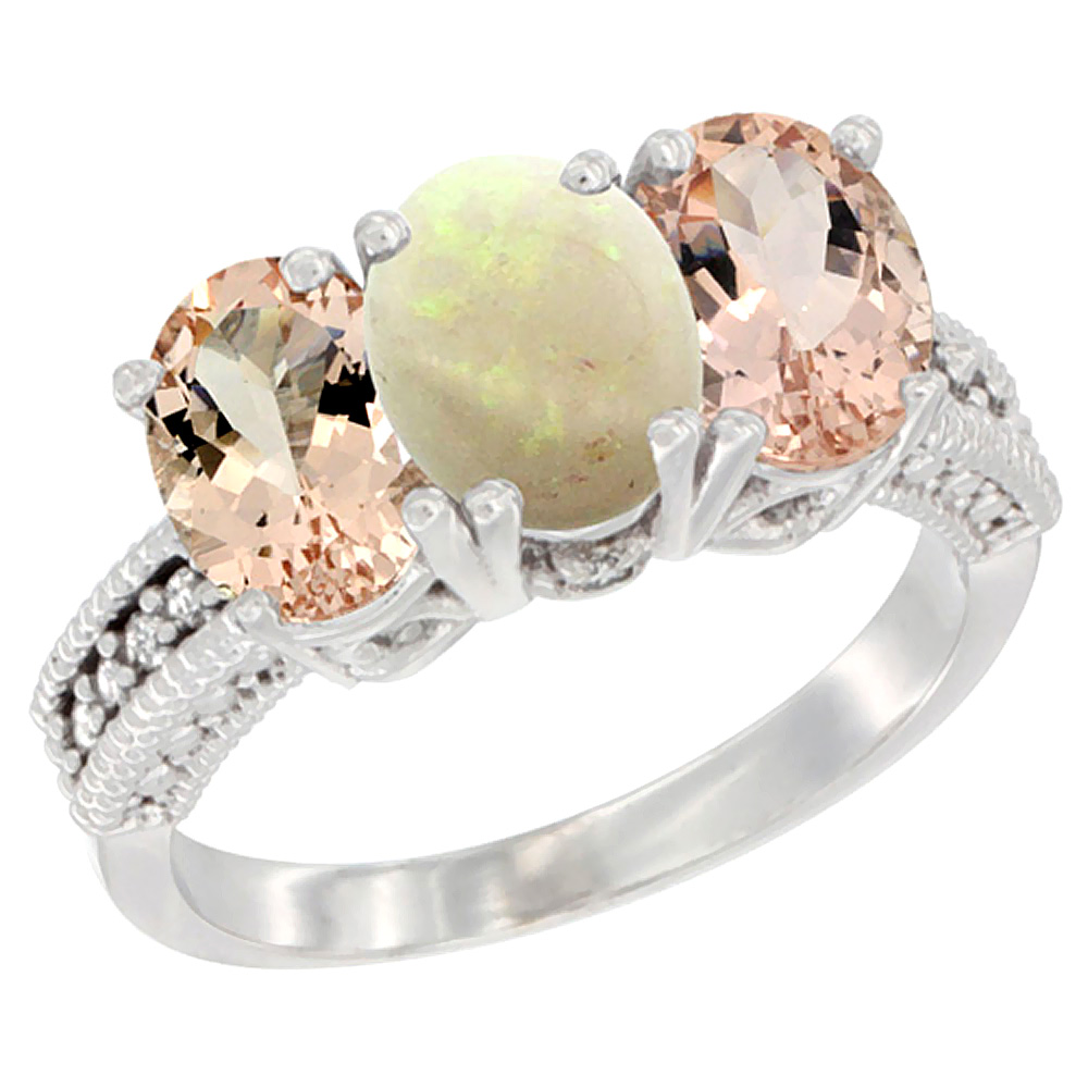 14K White Gold Natural Opal & Morganite Sides Ring 3-Stone Oval 7x5 mm Diamond Accent, sizes 5 - 10