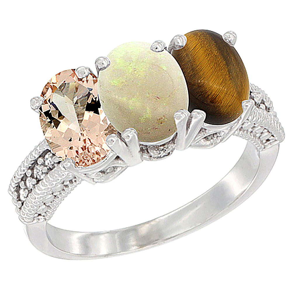 10K White Gold Natural Morganite, Opal &amp; Tiger Eye Ring 3-Stone Oval 7x5 mm Diamond Accent, sizes 5 - 10