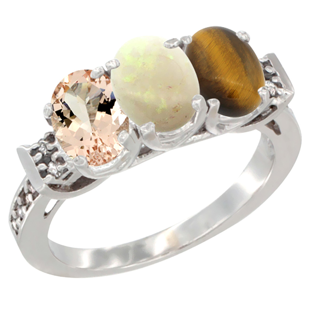 10K White Gold Natural Morganite, Opal & Tiger Eye Ring 3-Stone Oval 7x5 mm Diamond Accent, sizes 5 - 10