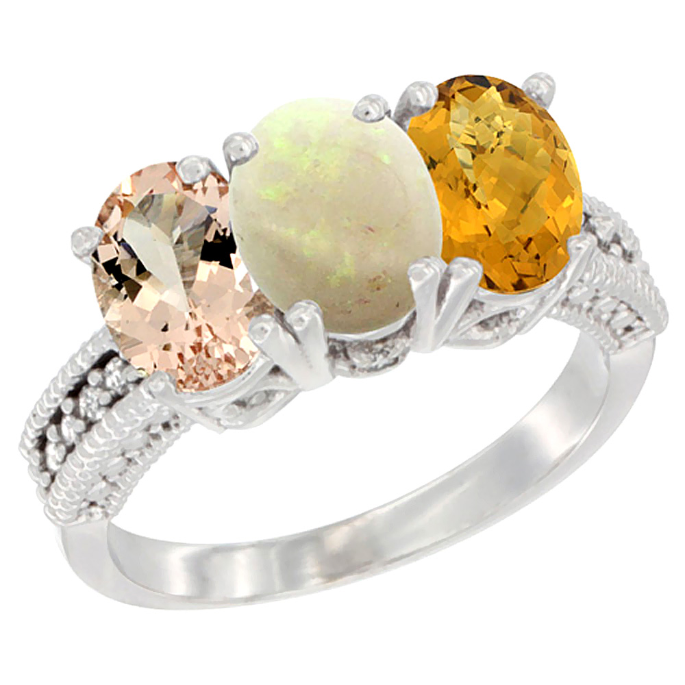 10K White Gold Natural Morganite, Opal & Whisky Quartz Ring 3-Stone Oval 7x5 mm Diamond Accent, sizes 5 - 10