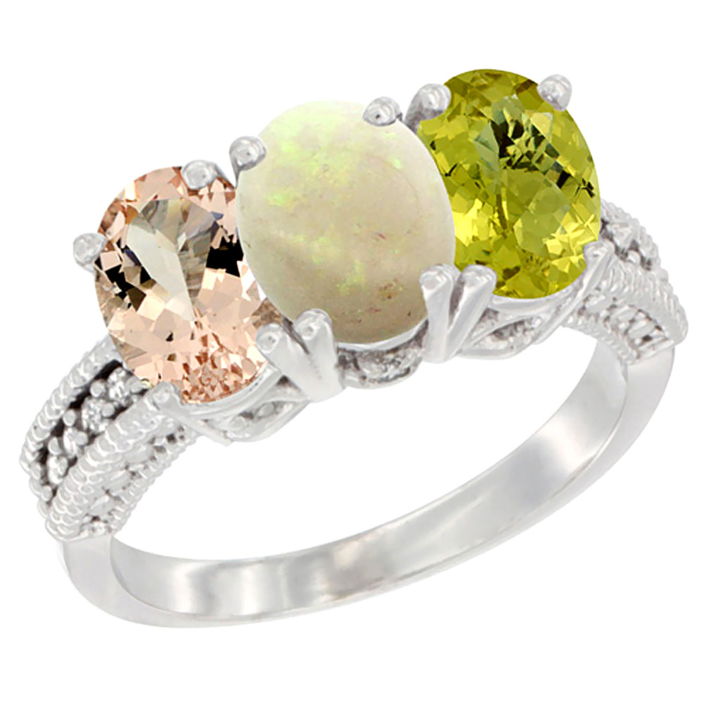 14K White Gold Natural Morganite, Opal & Lemon Quartz Ring 3-Stone Oval 7x5 mm Diamond Accent, sizes 5 - 10