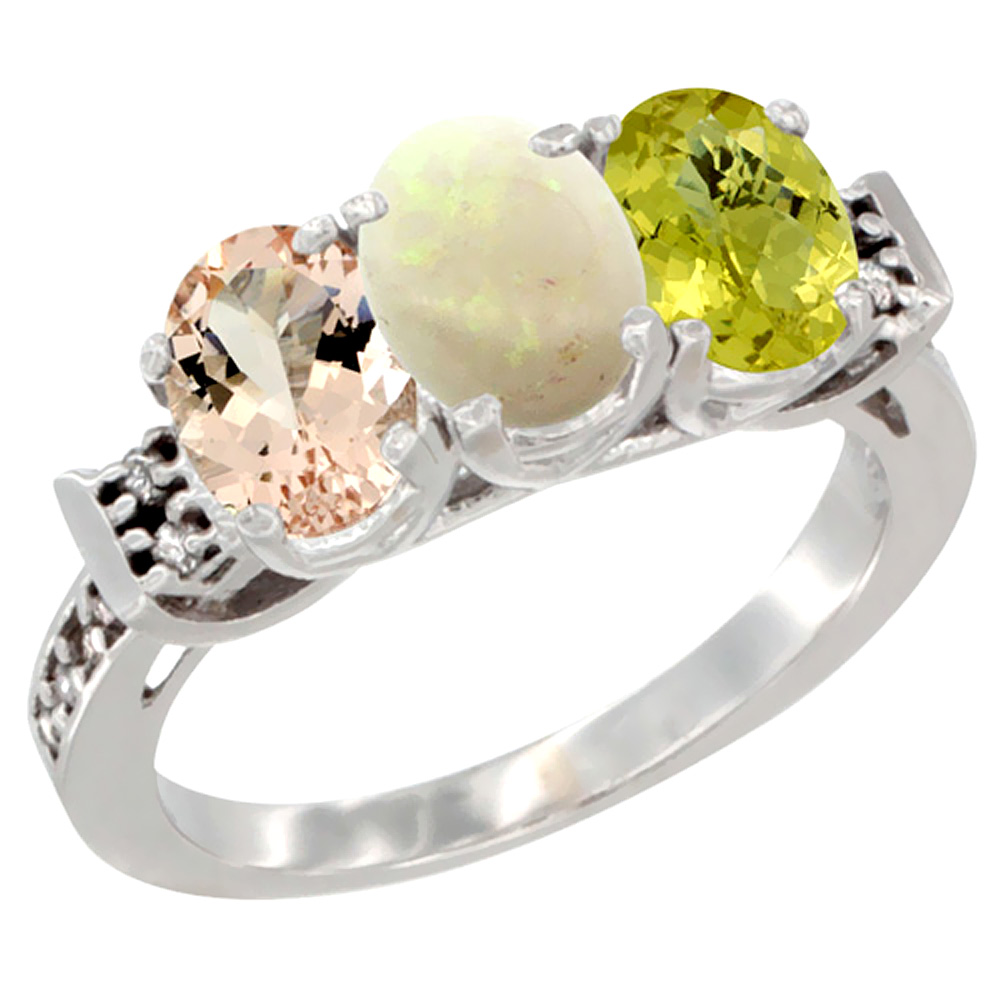 10K White Gold Natural Morganite, Opal &amp; Lemon Quartz Ring 3-Stone Oval 7x5 mm Diamond Accent, sizes 5 - 10