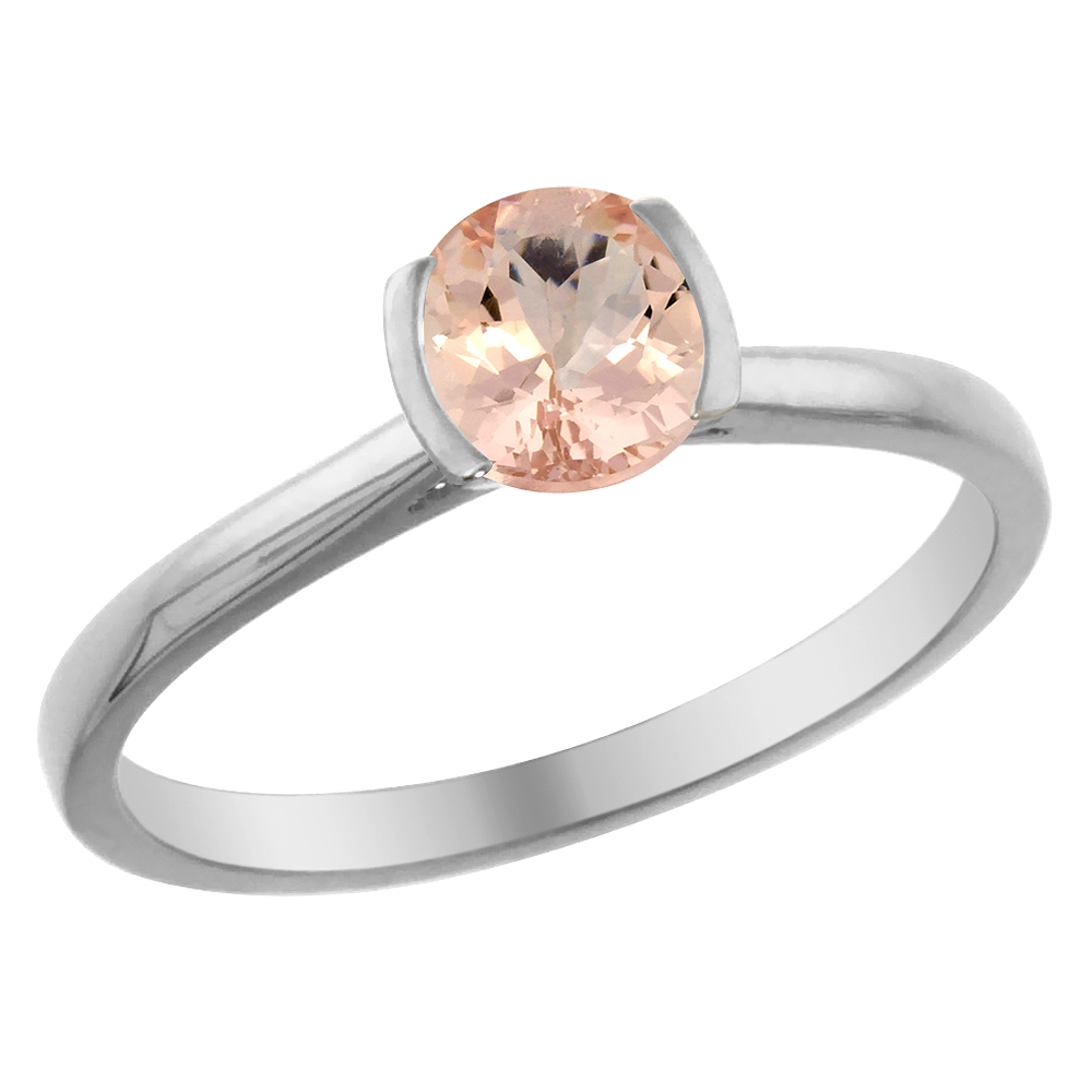 14K White Gold Natural Morganite Solitaire Ring Round 5mm, sizes 5 - 10