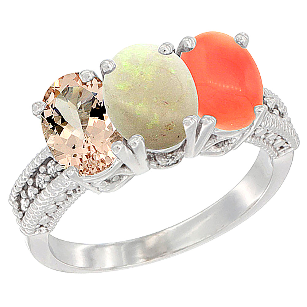 10K White Gold Natural Morganite, Opal & Coral Ring 3-Stone Oval 7x5 mm Diamond Accent, sizes 5 - 10