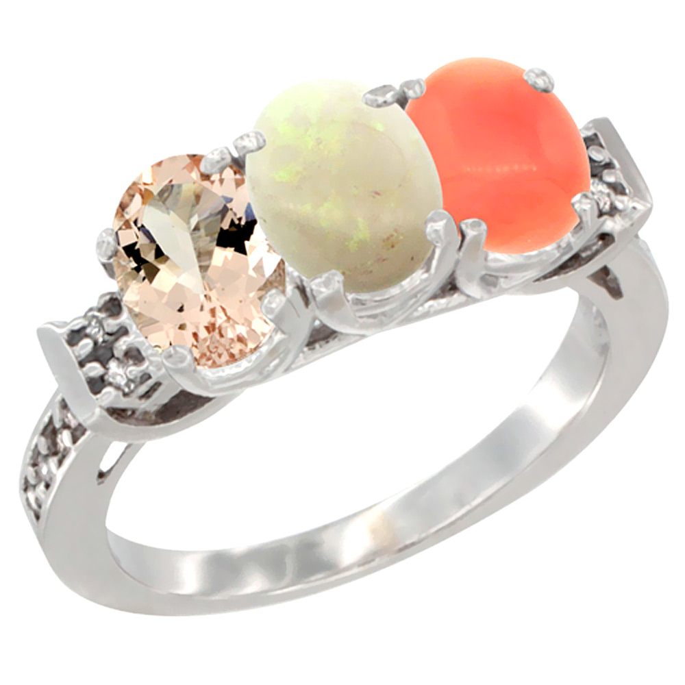 10K White Gold Natural Morganite, Opal &amp; Coral Ring 3-Stone Oval 7x5 mm Diamond Accent, sizes 5 - 10