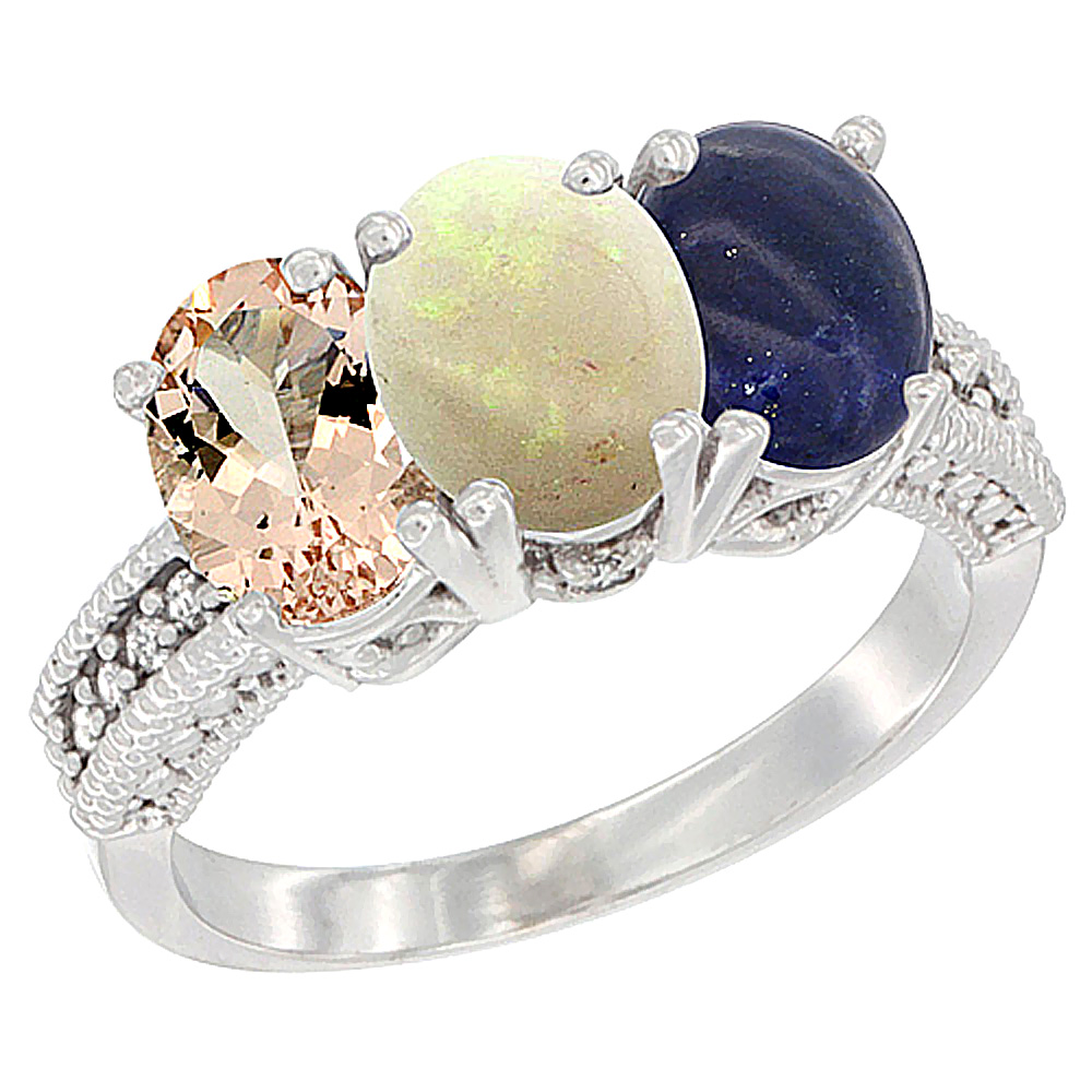 14K White Gold Natural Morganite, Opal &amp; Lapis Ring 3-Stone Oval 7x5 mm Diamond Accent, sizes 5 - 10