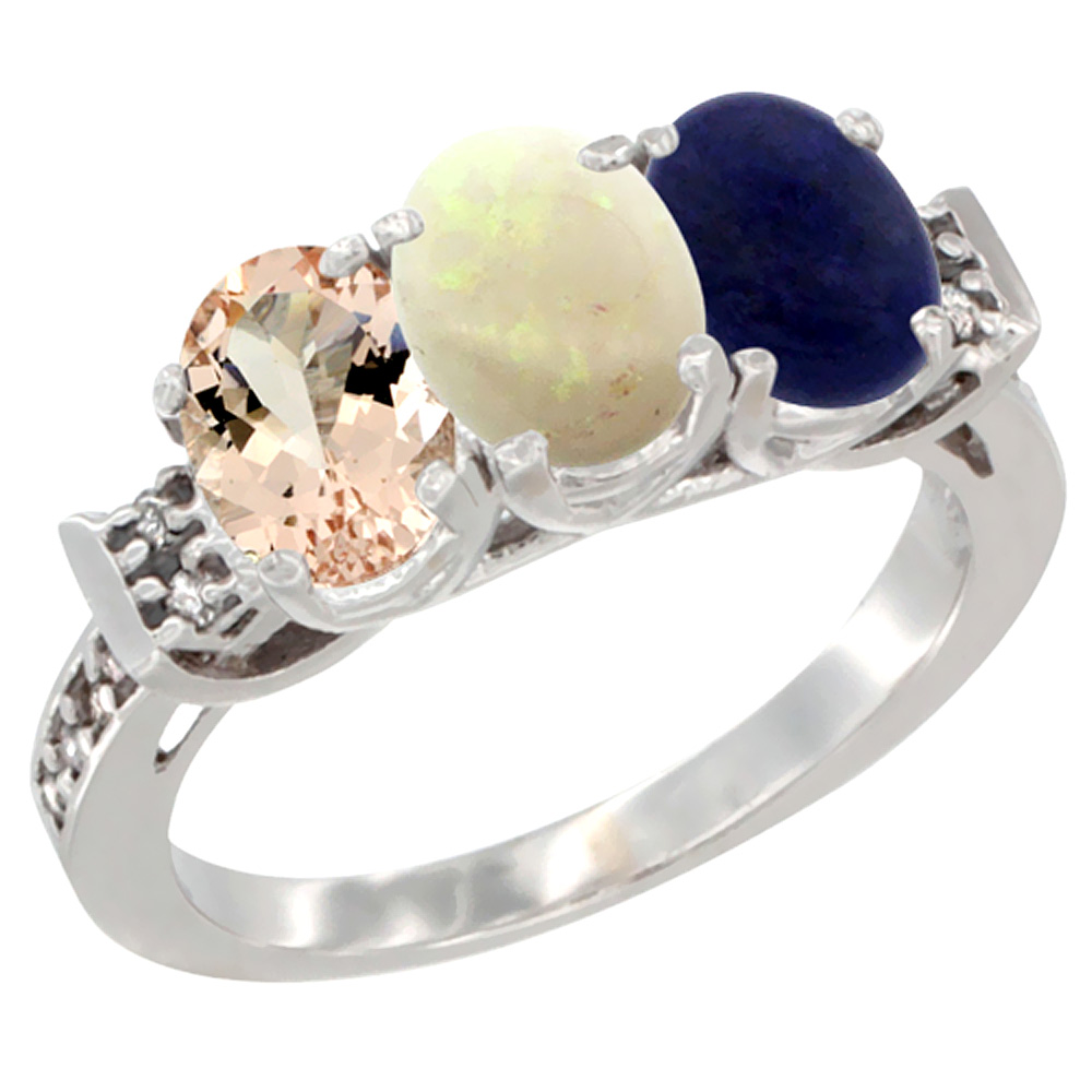 14K White Gold Natural Morganite, Opal &amp; Lapis Ring 3-Stone Oval 7x5 mm Diamond Accent, sizes 5 - 10