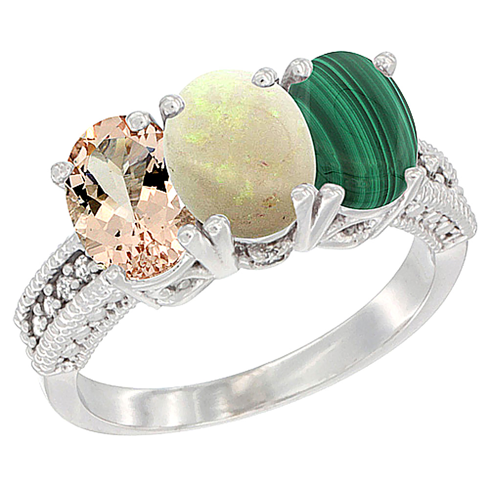 10K White Gold Natural Morganite, Opal & Malachite Ring 3-Stone Oval 7x5 mm Diamond Accent, sizes 5 - 10