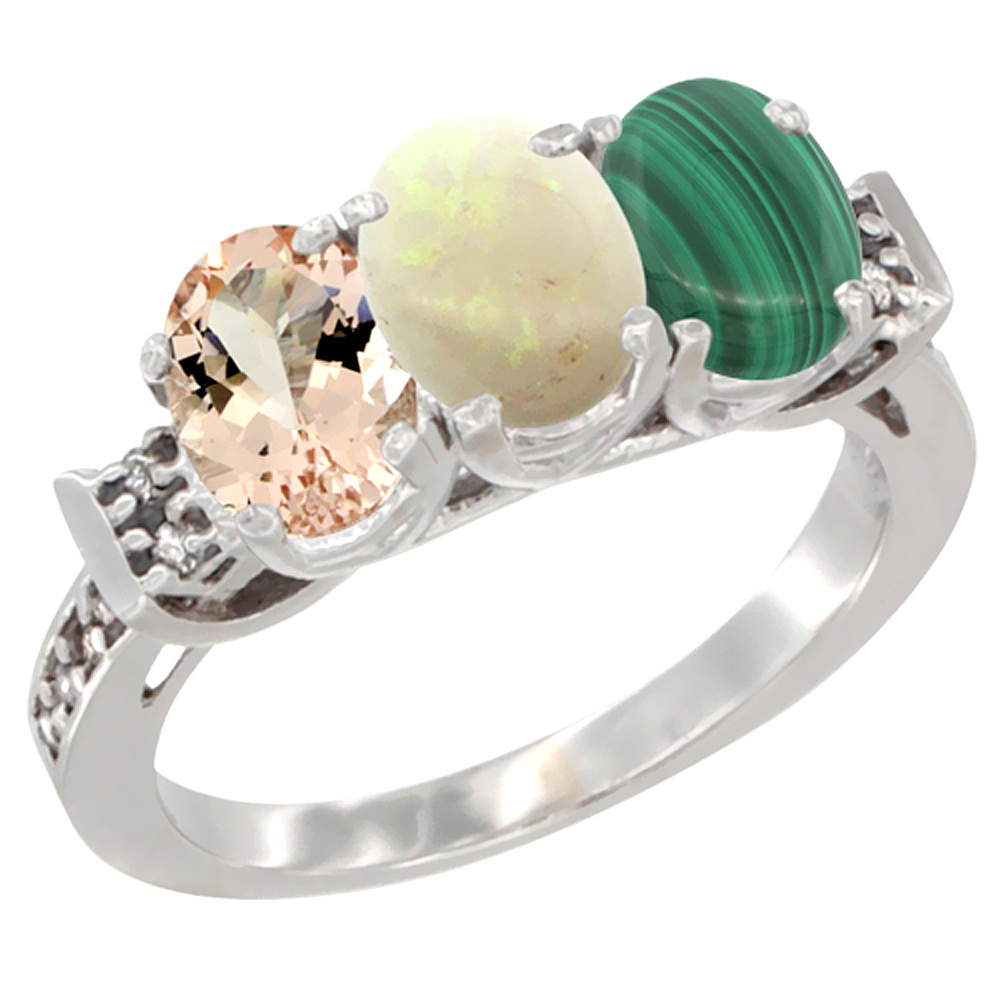 14K White Gold Natural Morganite, Opal &amp; Malachite Ring 3-Stone Oval 7x5 mm Diamond Accent, sizes 5 - 10