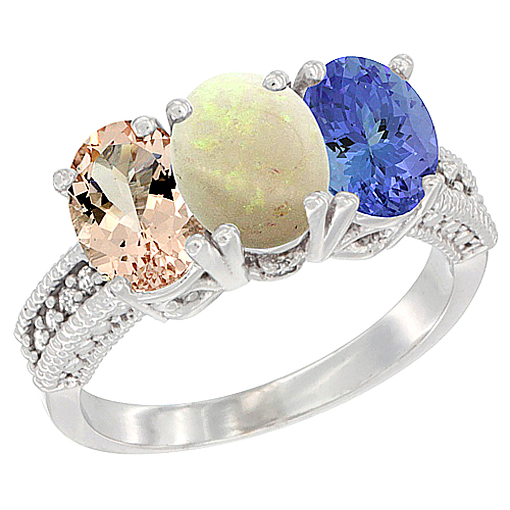 10K White Gold Natural Morganite, Opal & Tanzanite Ring 3-Stone Oval 7x5 mm Diamond Accent, sizes 5 - 10