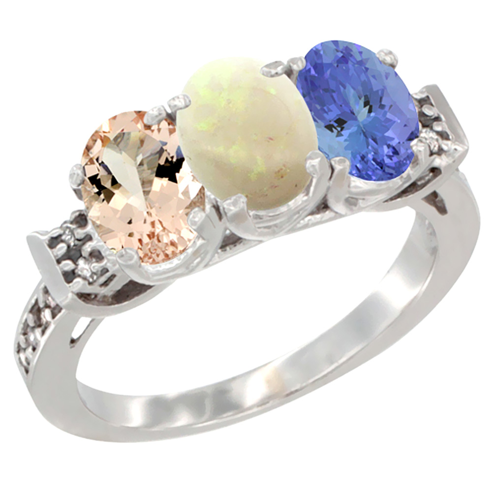 10K White Gold Natural Morganite, Opal &amp; Tanzanite Ring 3-Stone Oval 7x5 mm Diamond Accent, sizes 5 - 10