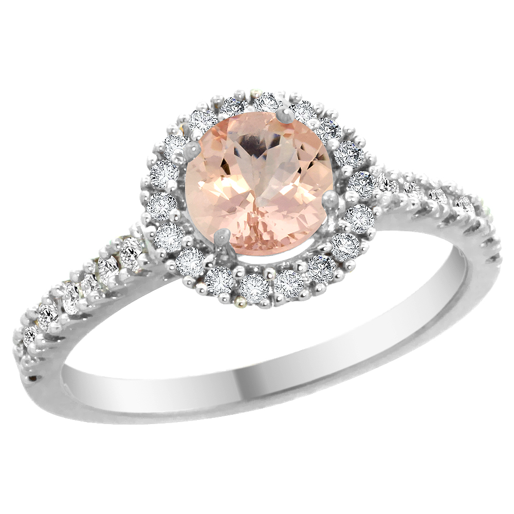 14K White Gold Diamond Halo Natural Morganite Ring Round 6mm, sizes 5 - 10