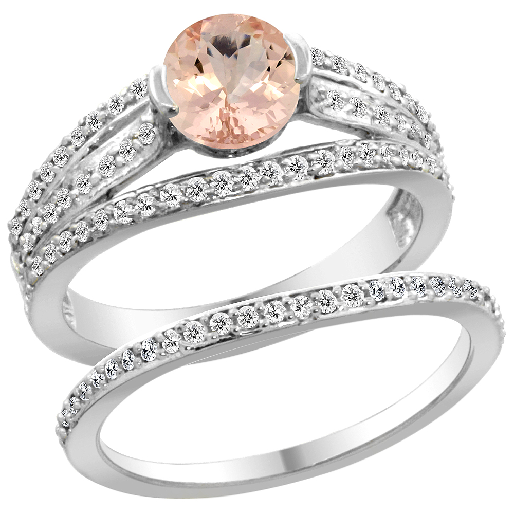 14K White Gold Natural Morganite 2-piece Engagement Ring Set Round 6mm, sizes 5 - 10