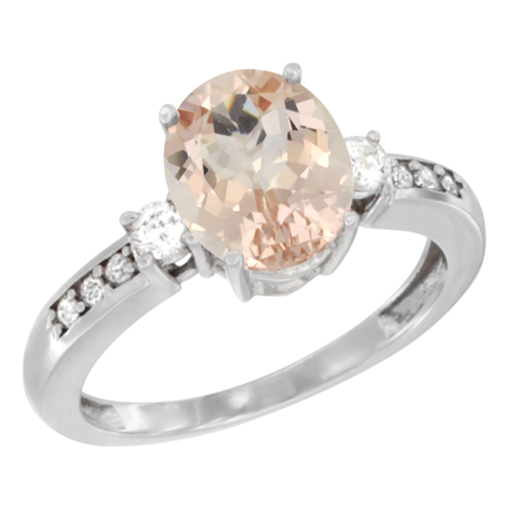 14K White Gold Natural Morganite Ring Oval 9x7 mm Diamond Accent, sizes 5 - 10