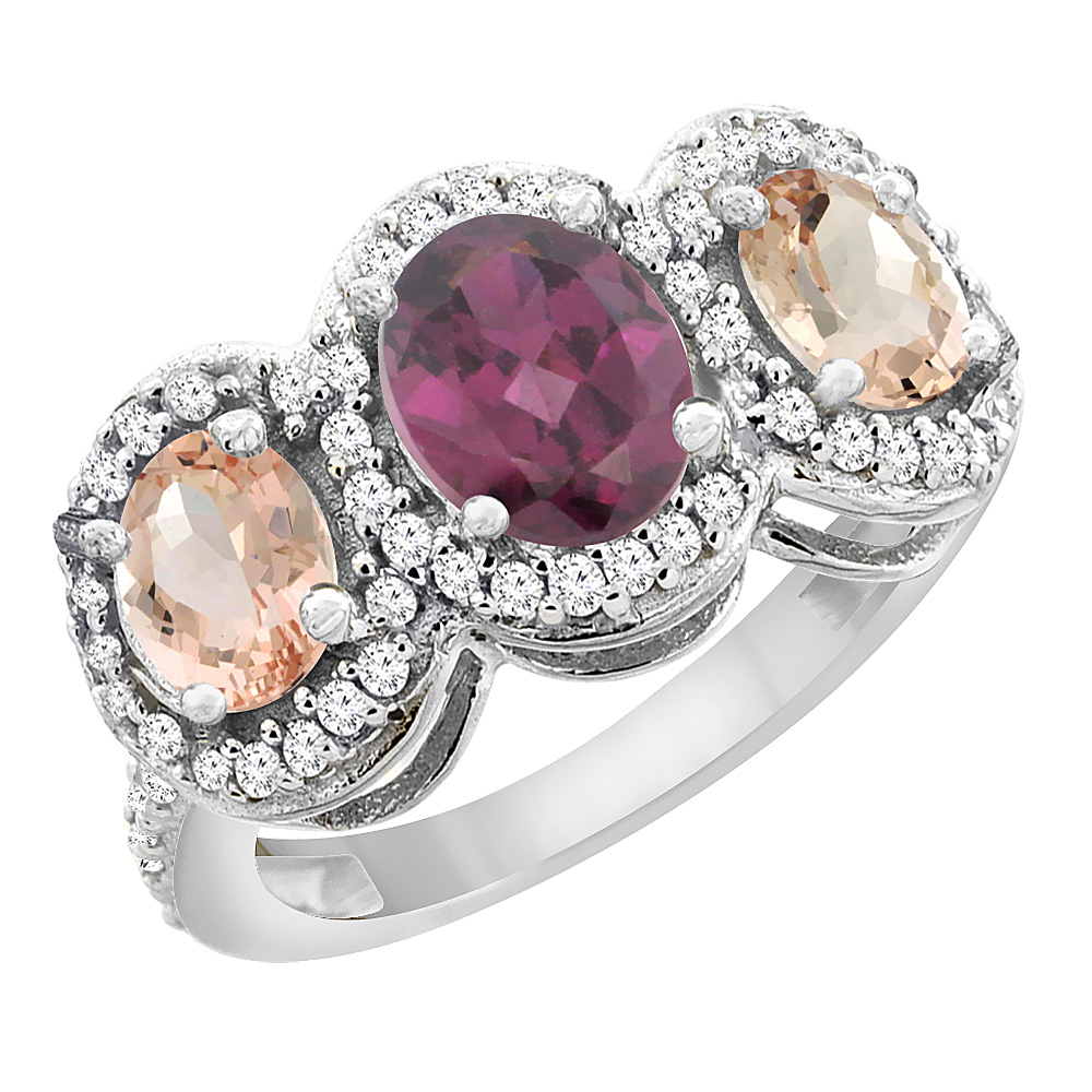 14K White Gold Natural Rhodolite & Morganite 3-Stone Ring Oval Diamond Accent, sizes 5 - 10