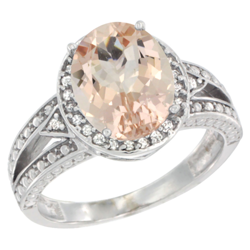 10k White Gold Natural Morganite Ring Oval 9x7 mm Diamond Halo, sizes 5 - 10