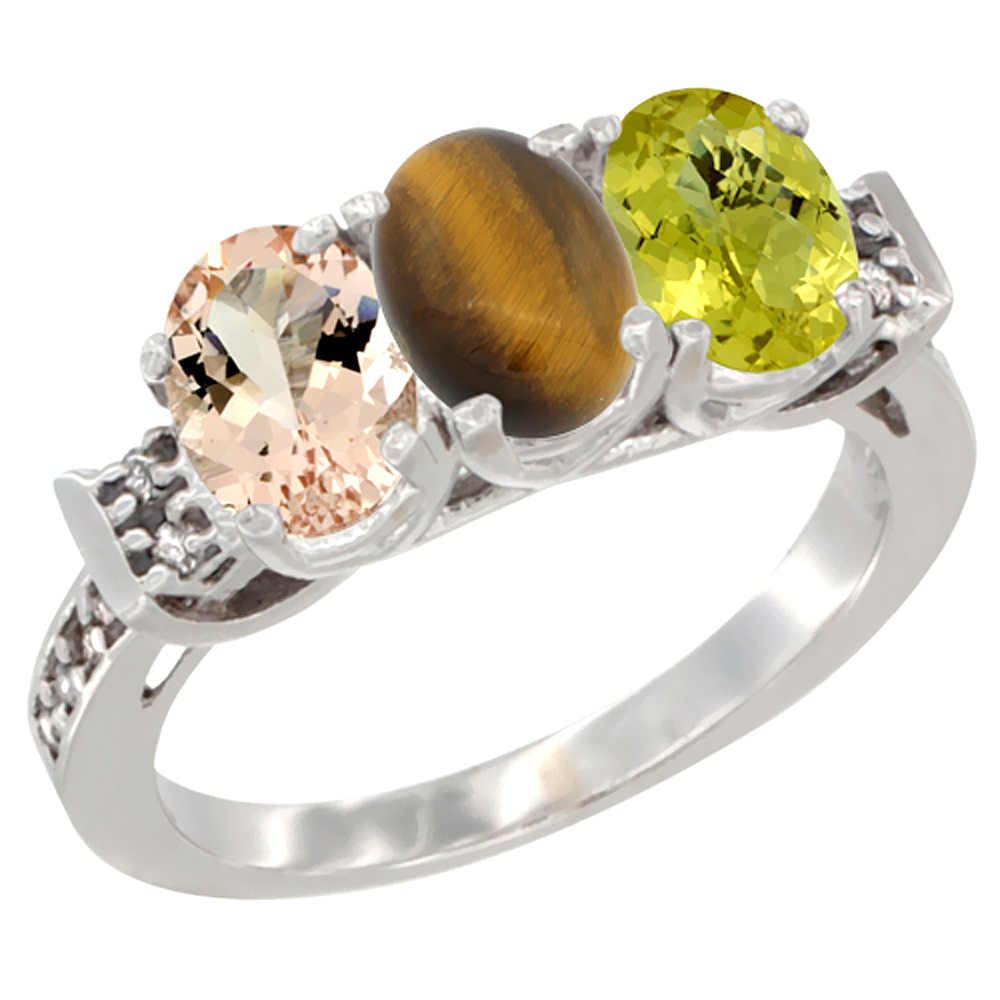 14K White Gold Natural Morganite, Tiger Eye & Lemon Quartz Ring 3-Stone Oval 7x5 mm Diamond Accent, sizes 5 - 10