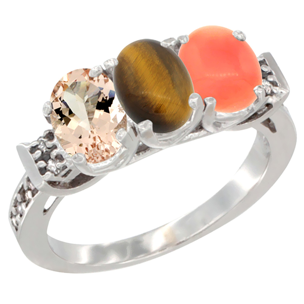 14K White Gold Natural Morganite, Tiger Eye & Coral Ring 3-Stone Oval 7x5 mm Diamond Accent, sizes 5 - 10