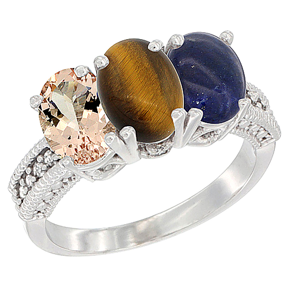 14K White Gold Natural Morganite, Tiger Eye & Lapis Ring 3-Stone Oval 7x5 mm Diamond Accent, sizes 5 - 10