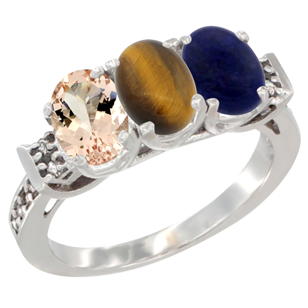 14K White Gold Natural Morganite, Tiger Eye & Lapis Ring 3-Stone Oval 7x5 mm Diamond Accent, sizes 5 - 10