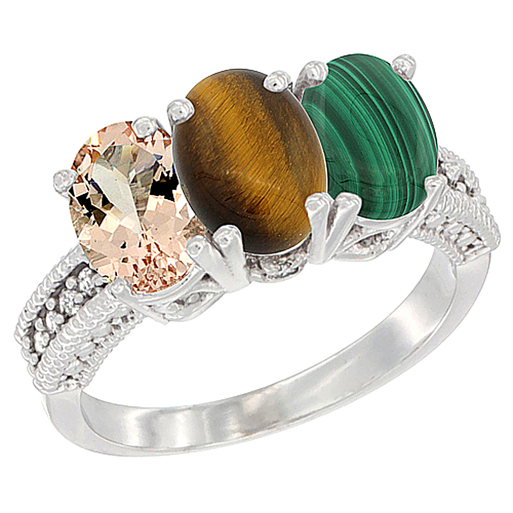 14K White Gold Natural Morganite, Tiger Eye & Malachite Ring 3-Stone Oval 7x5 mm Diamond Accent, sizes 5 - 10