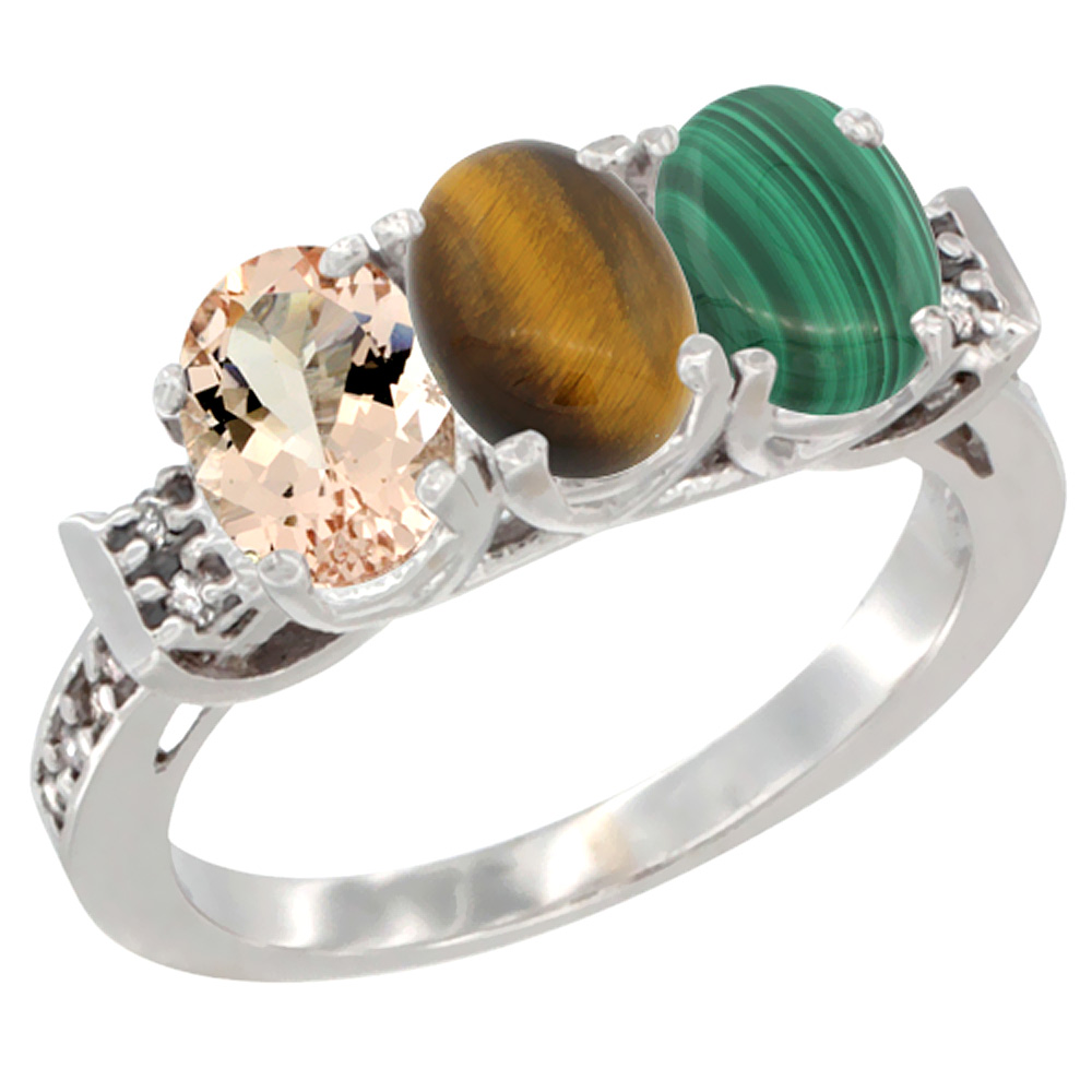 14K White Gold Natural Morganite, Tiger Eye & Malachite Ring 3-Stone Oval 7x5 mm Diamond Accent, sizes 5 - 10