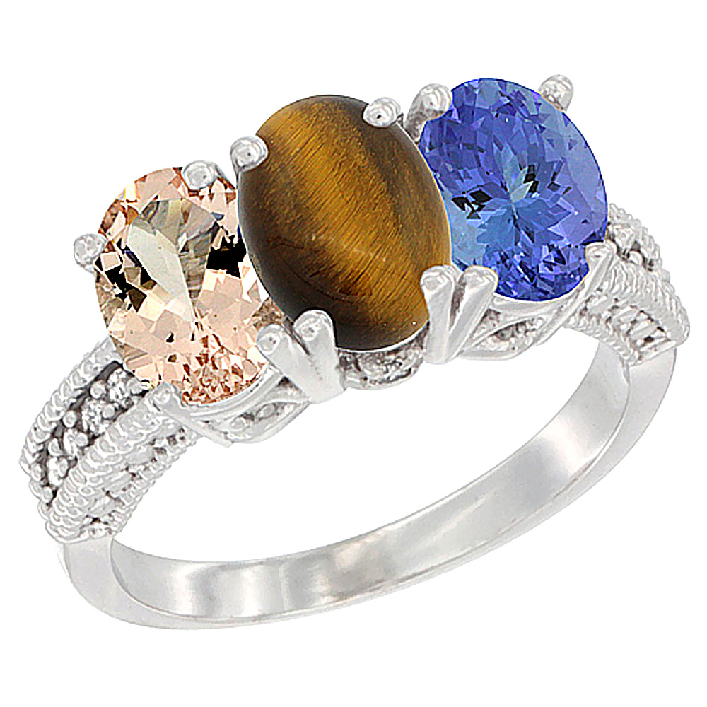 14K White Gold Natural Morganite, Tiger Eye & Tanzanite Ring 3-Stone Oval 7x5 mm Diamond Accent, sizes 5 - 10