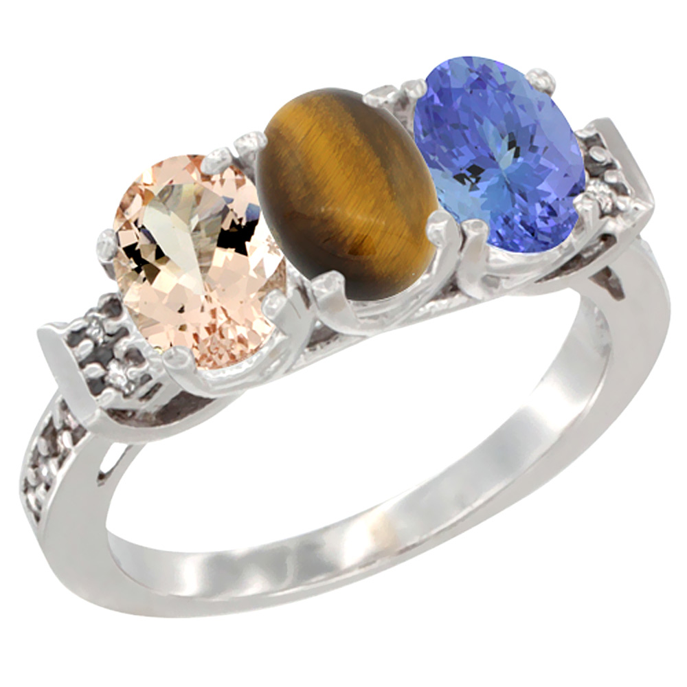 14K White Gold Natural Morganite, Tiger Eye & Tanzanite Ring 3-Stone Oval 7x5 mm Diamond Accent, sizes 5 - 10