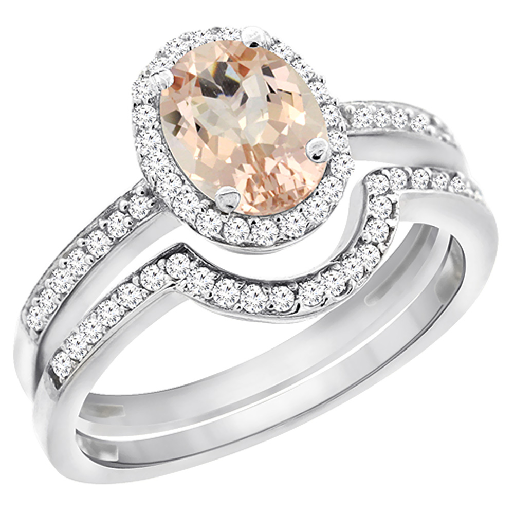 10K Yellow Gold Diamond Natural Morganite 2-Pc. Engagement Ring Set Oval 8x6 mm, sizes 5 - 10