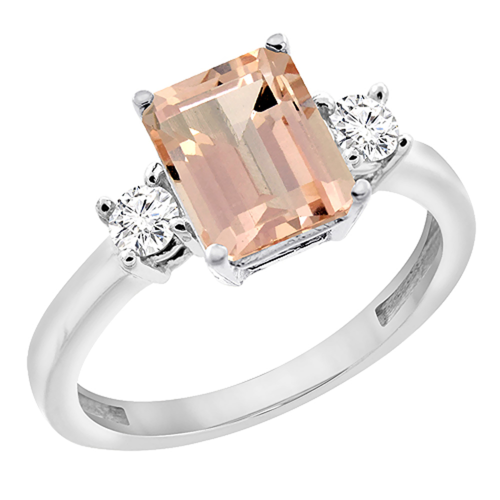 14K White Gold Natural Morganite Ring Octagon 8x6 mm with Diamond Accents, sizes 5 - 10