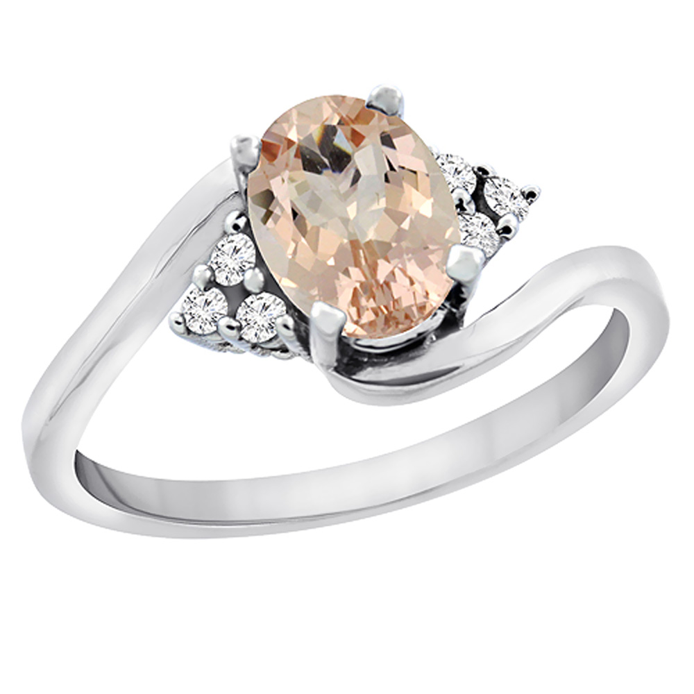 10K White Gold Diamond Natural Morganite Engagement Ring Oval 7x5mm, sizes 5 - 10