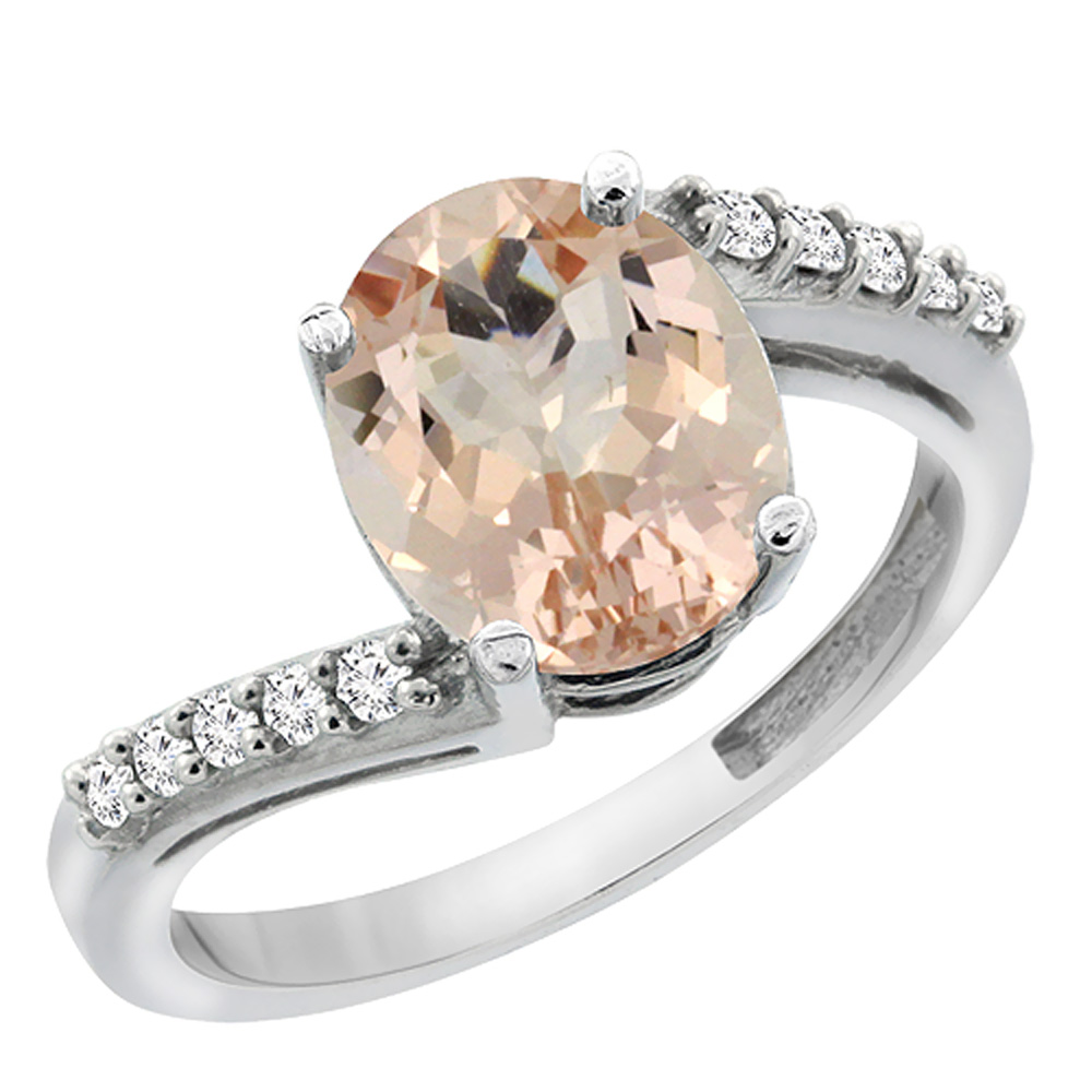 10K White Gold Diamond Natural Morganite Engagement Ring Oval 10x8mm, sizes 5-10