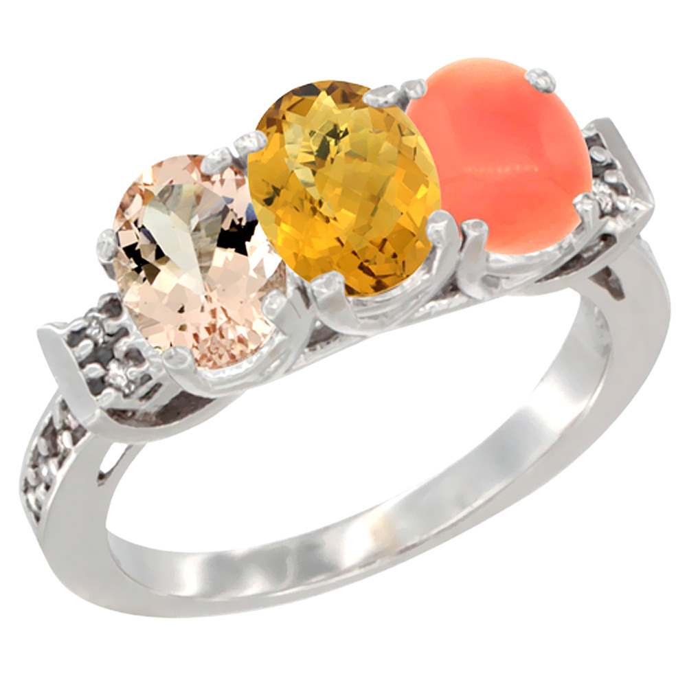 14K White Gold Natural Morganite, Whisky Quartz & Coral Ring 3-Stone Oval 7x5 mm Diamond Accent, sizes 5 - 10