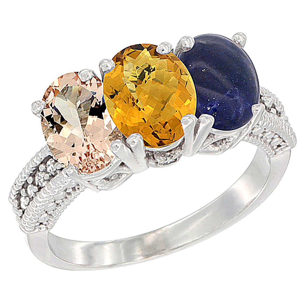 14K White Gold Natural Morganite, Whisky Quartz & Lapis Ring 3-Stone Oval 7x5 mm Diamond Accent, sizes 5 - 10