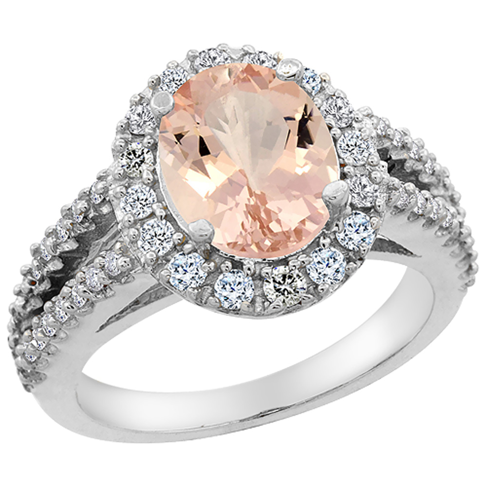 10K White Gold Diamond Natural Morganite Engagement Ring Oval 10x8mm, sizes 5-10