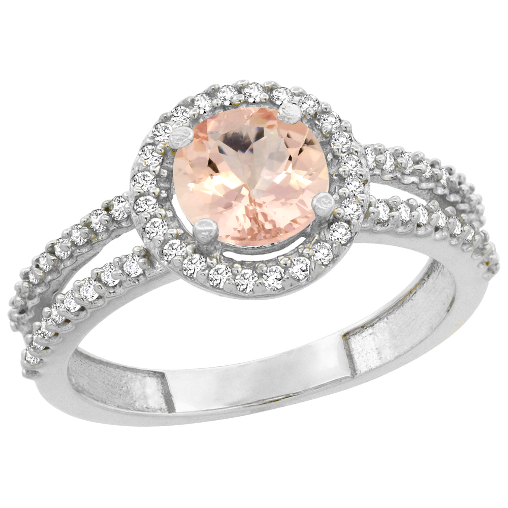 10K White Gold Natural Morganite Diamond Halo Ring Round 6mm, sizes 5 - 10