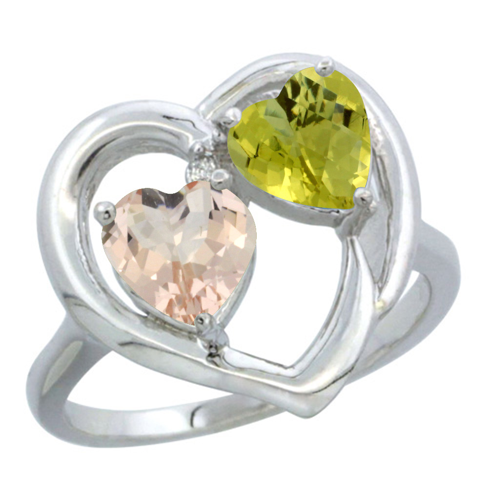 14K White Gold Diamond Two-stone Heart Ring 6mm Natural Morganite & Lemon Quartz, sizes 5-10