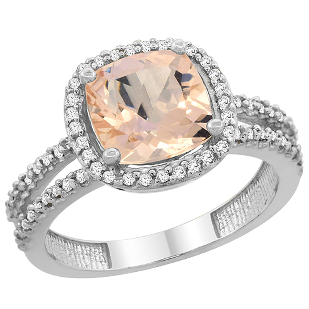 10K White Gold Natural Morganite Ring Cushion-cut 8x8 mm 2-row Diamond Accents, sizes 5 - 10