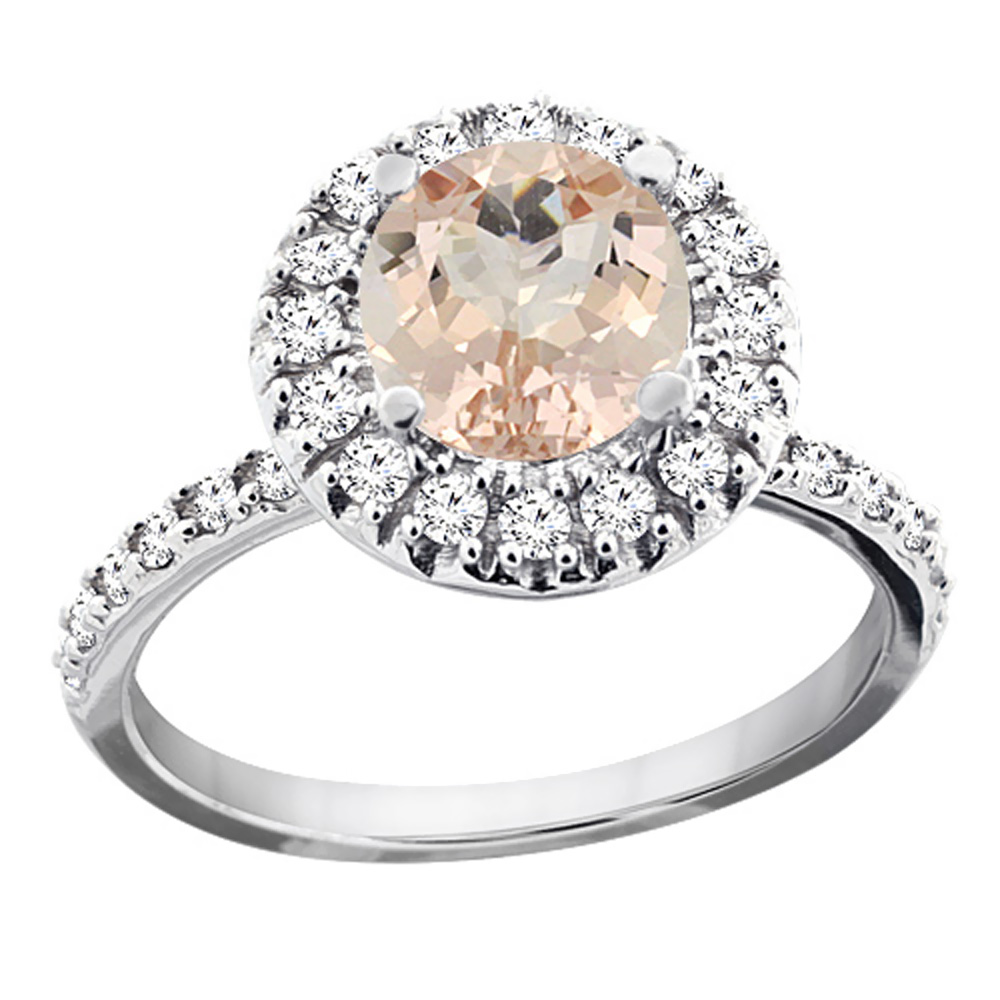 14K White Gold Natural Morganite Ring Round 8mm Floating Halo Diamond, sizes 5 - 10