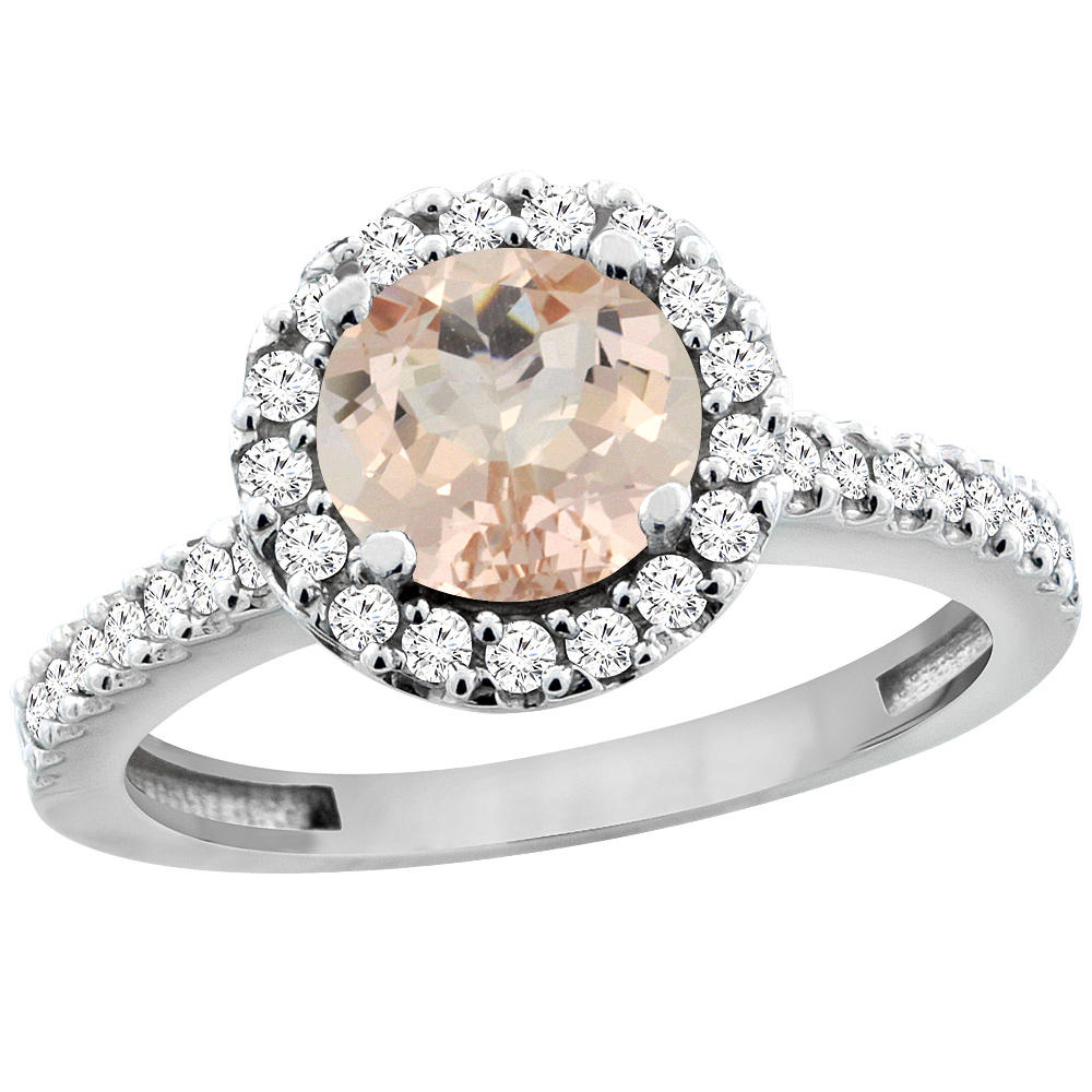 14K White Gold Natural Morganite Ring Round 6mm Floating Halo Diamond, sizes 5 - 10