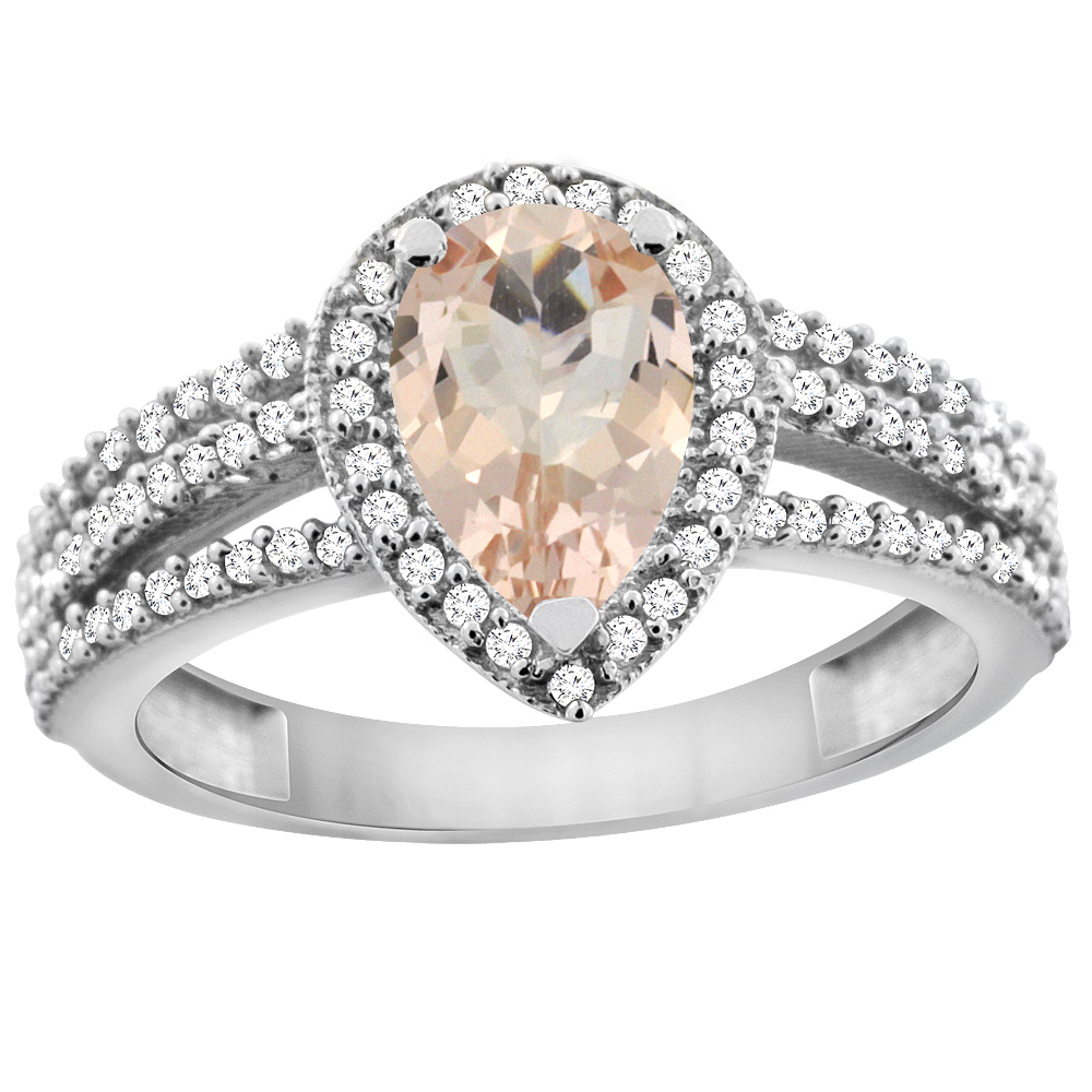 14K White Gold Natural Morganite Ring 9x7 Pear Halo Diamond, sizes 5 - 10