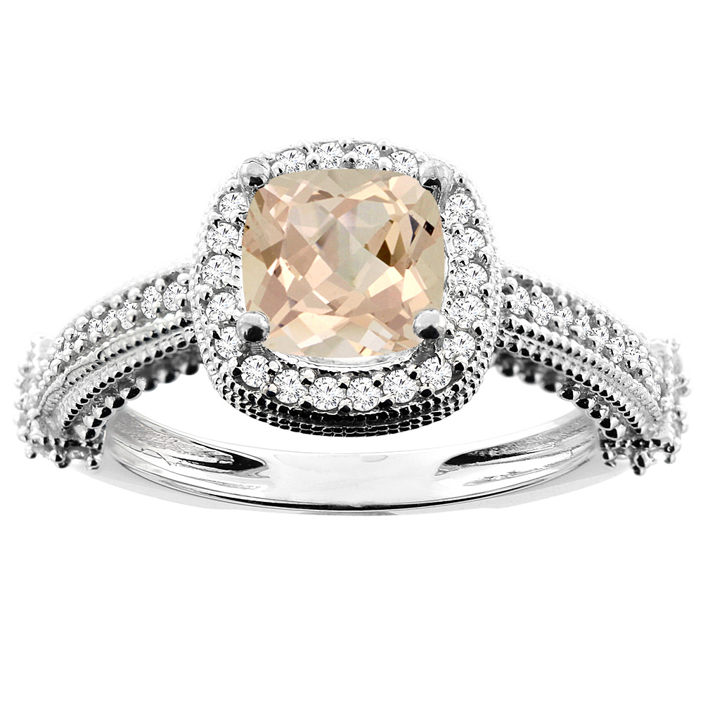 10K White/Yellow/Rose Gold Natural Morganite Ring Cushion 7x7mm Diamond Accent, sizes 5 - 10